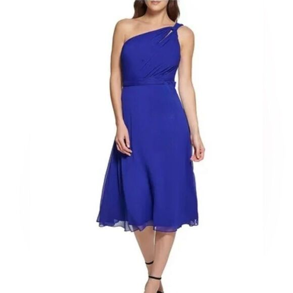 DKNY royal blue one shoulder flowy chiffon midi dress size 12 - Picture 1 of 9